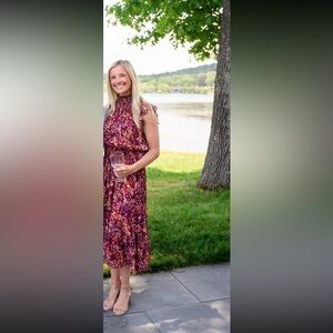 Aqua high neck ruffled maroon midi dress